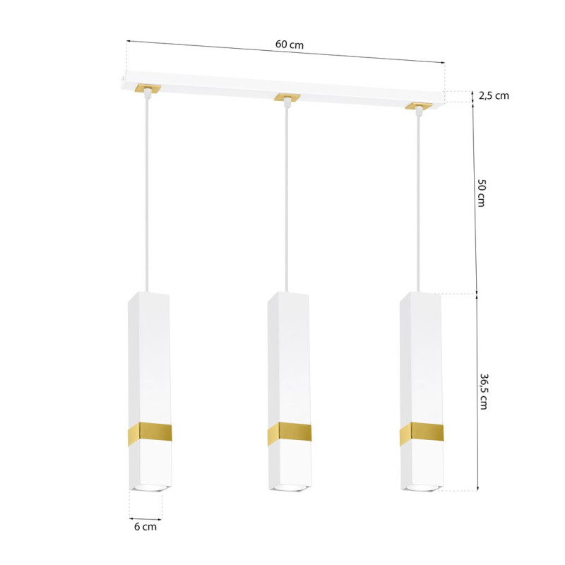 Suspension VIDAR 3 tubes rectangle métal blanc bande doré GU10 