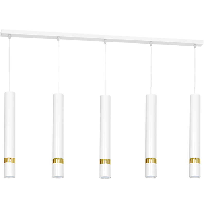 Suspension JOKER 5 tubes alignés métal blanc anneau doré GU10 Minimaliste 