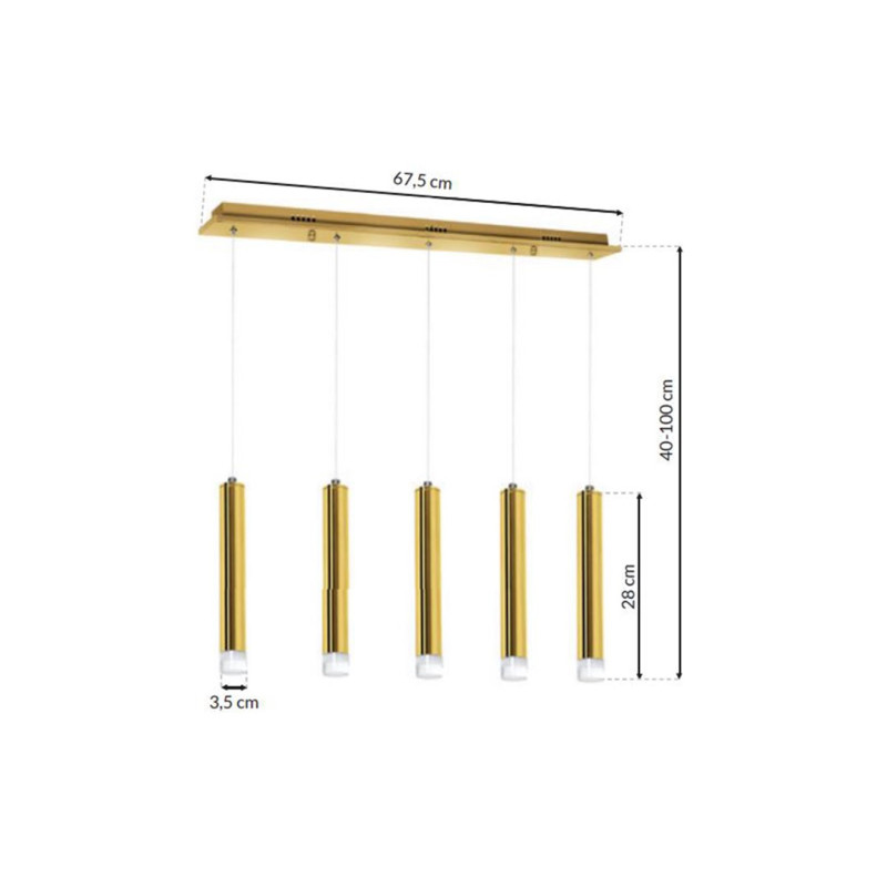 Suspension GOLDIE 5 tubes métal doré alignés blanc neutre 4000L 1750Lm 25W Design chic 