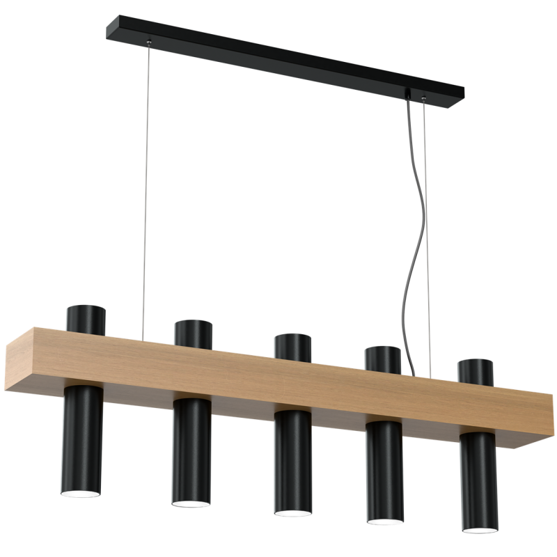 Suspension WEST support bois rectangle 5 tubes métal noir GU10 Scandinave 