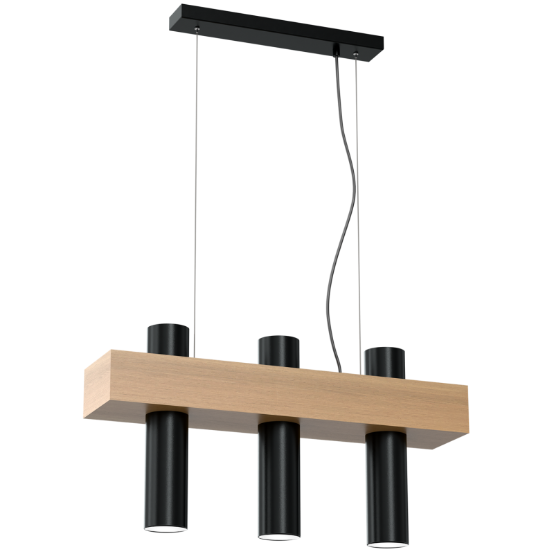 Suspension WEST support bois rectangle 3 tubes métal noir GU10 Scandinave 