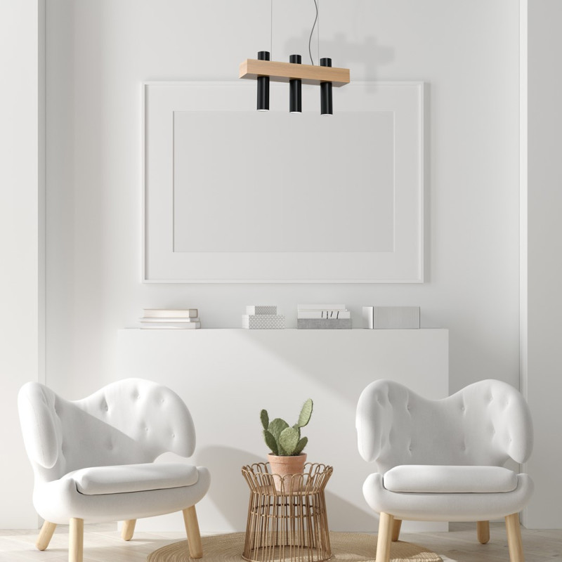 Suspension WEST support bois rectangle 3 tubes métal noir GU10 Scandinave 