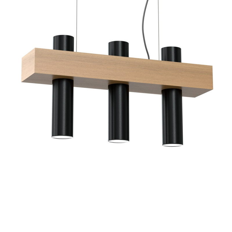 Suspension WEST support bois rectangle 3 tubes métal noir GU10 Scandinave 