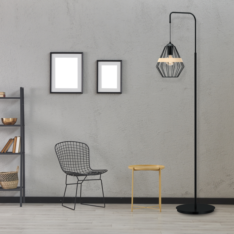 Lampadaire CLIFF cage forme diamant métallique noir et bois E27 Bohème 