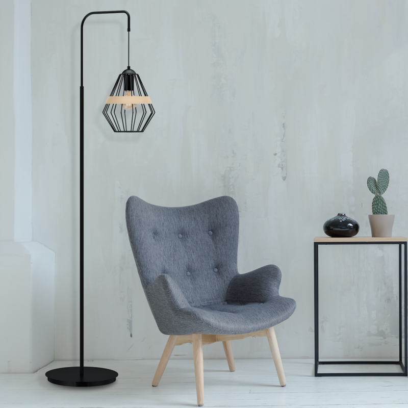 Lampadaire CLIFF cage forme diamant métallique noir et bois E27 Bohème 