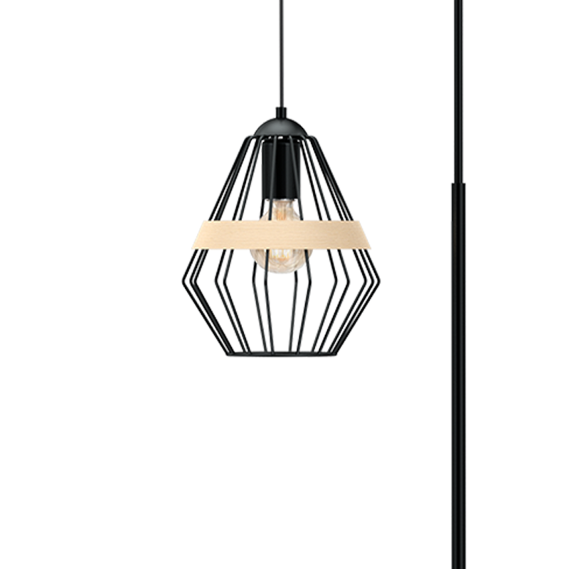 Lampadaire CLIFF cage forme diamant métallique noir et bois E27 Bohème 