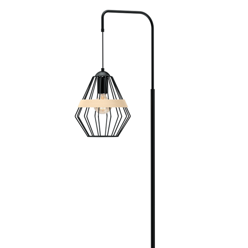 Lampadaire CLIFF cage forme diamant métallique noir et bois E27 Bohème 