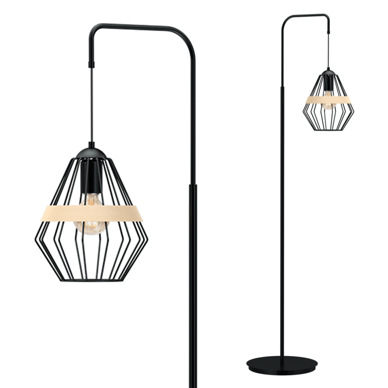 Lampadaire CLIFF cage forme diamant métallique noir et bois E27 Bohème 