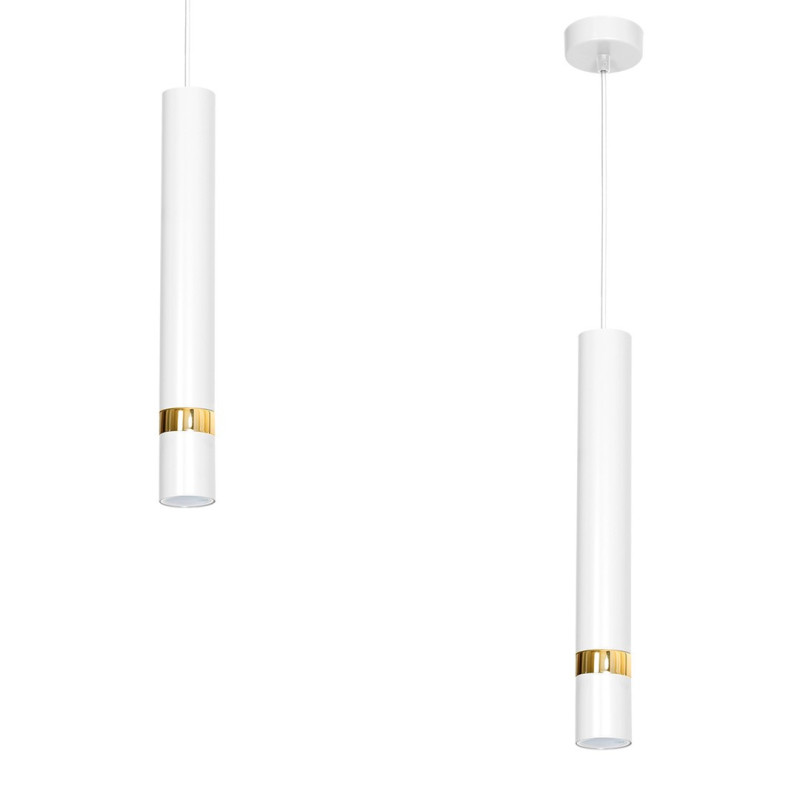 Suspension JOKER tube métal blanc anneau doré GU10 Minimaliste 