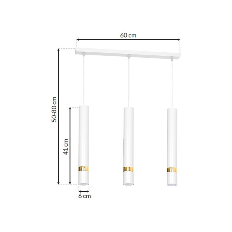 Suspension JOKER 3 tubes alignés métal blanc anneau doré GU10 Minimaliste 