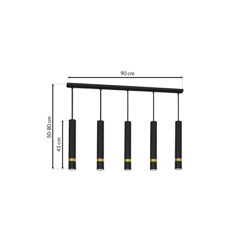 Suspension JOKER 5 tubes alignés métal noir anneau doré GU10 Minimaliste 