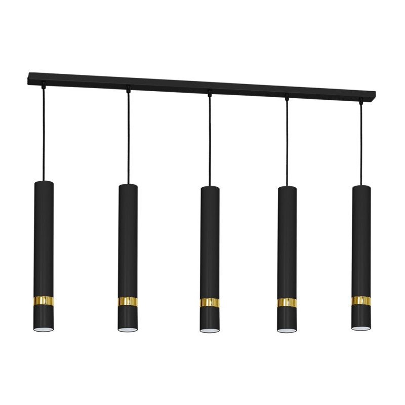 Suspension JOKER 5 tubes alignés métal noir anneau doré GU10 Minimaliste 