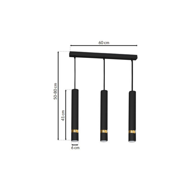 Suspension JOKER 3 tubes alignés métal noir anneau doré GU10 Minimaliste 