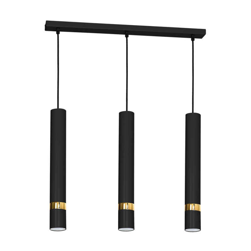 Suspension JOKER 3 tubes alignés métal noir anneau doré GU10 Minimaliste 