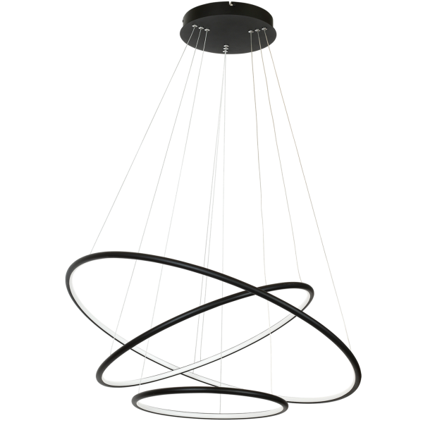Suspension ORION 3 anneaux lumineux noir entrelacés LED blanc chaud 6930Lm 99W Design chic 