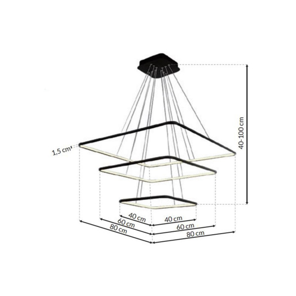 Suspension NIX 3 cadres lumineux carré noir superposés LED 117W blanc chaud 8190Lm Design chic 