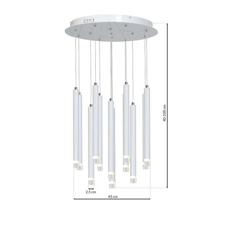 Suspension ALBA 12 cylindres métal blanc détail chromé G9 base ronde Minimaliste 