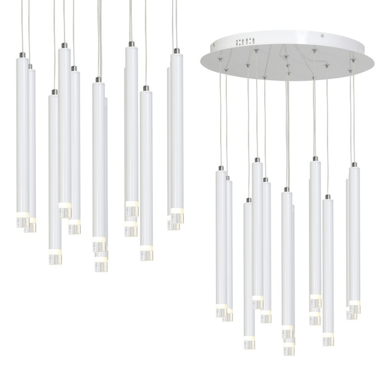 Suspension ALBA 12 cylindres métal blanc détail chromé G9 base ronde Minimaliste 