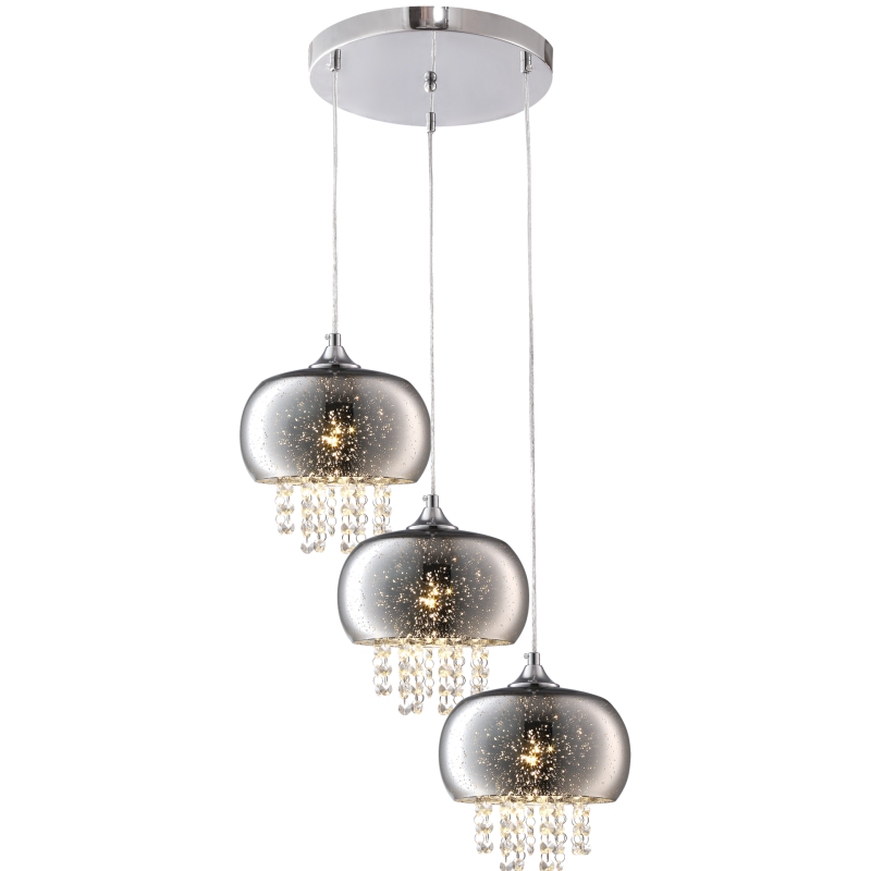 Suspension STARLIGHT 3 anneaux de verre chromé étoilé et chute de cristaux E14 base ronde Design chic 