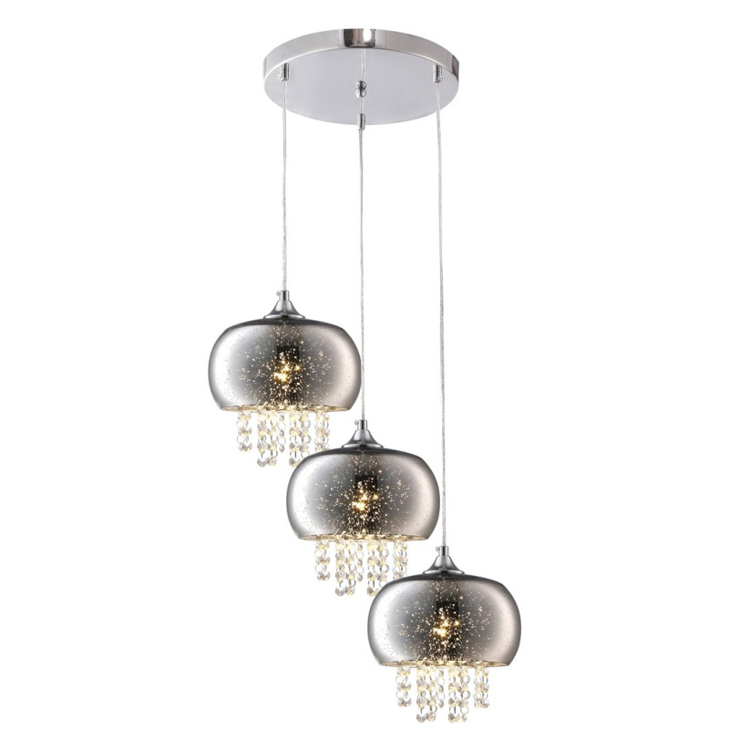 Suspension STARLIGHT 3 anneaux de verre chromé étoilé et chute de cristaux E14 base ronde Design chic 