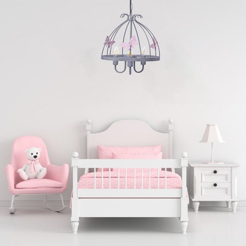 Plafonnier KAGO cage aux papillons métal gris et rose E14 Enfant 