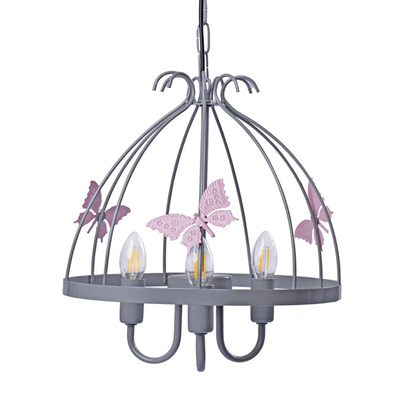 Plafonnier KAGO cage aux papillons métal gris et rose E14 Enfant 