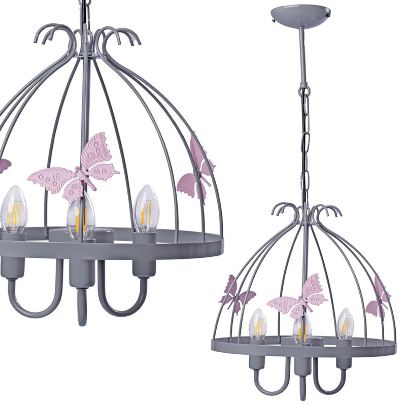 Plafonnier KAGO cage aux papillons métal gris et rose E14 Enfant 