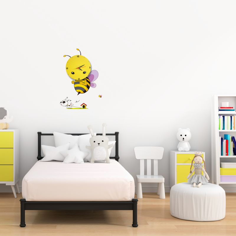 Applique murale à piles avec horloge BEE abeille jaune LED 0,6W sticker chien et niche Enfant 