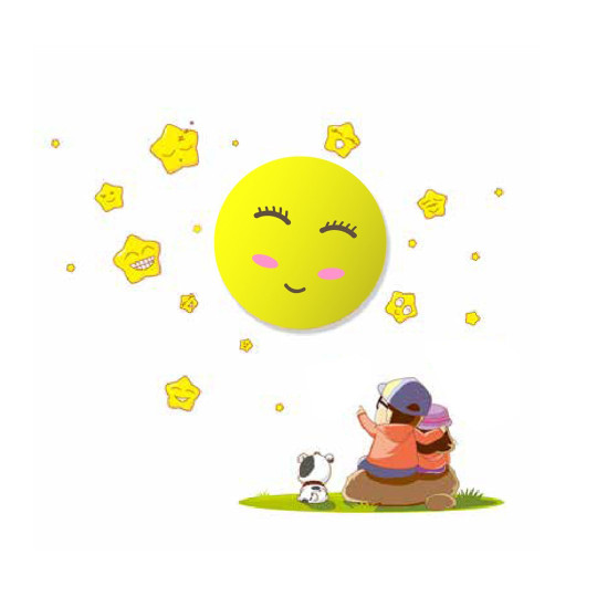 Applique murale enfant lune ronde jaune et sticker étoiles et personnages LED 0,6W 