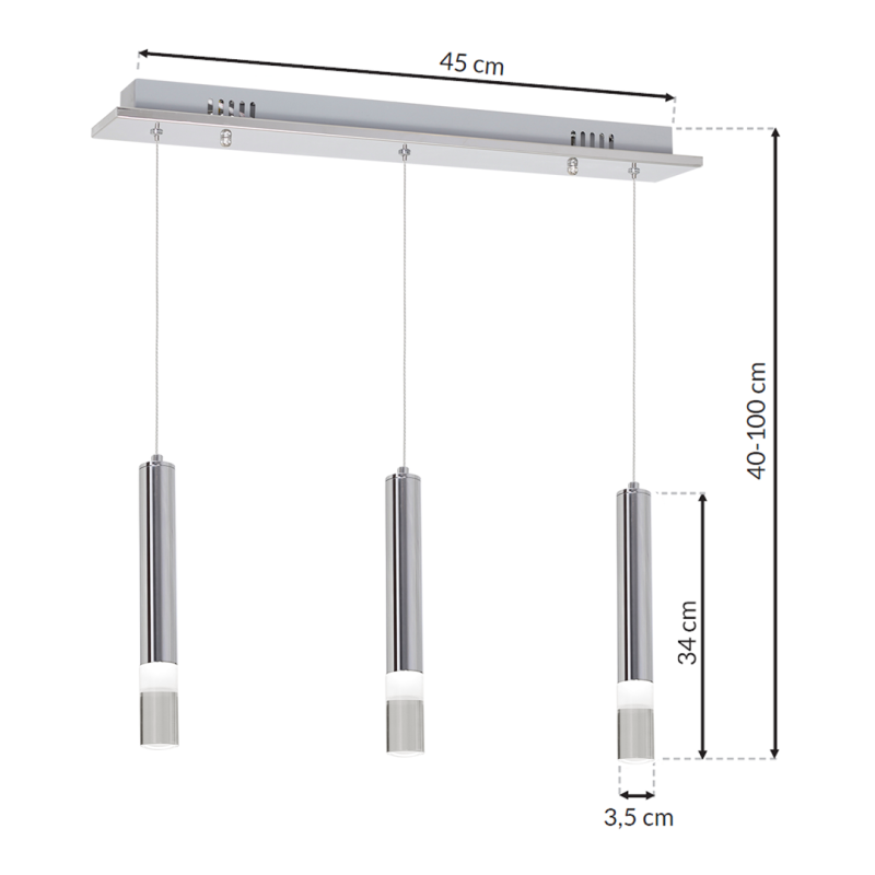 Suspension CARBON 3 cylindres métal chromé LED blanc neutre 4000k 25W 