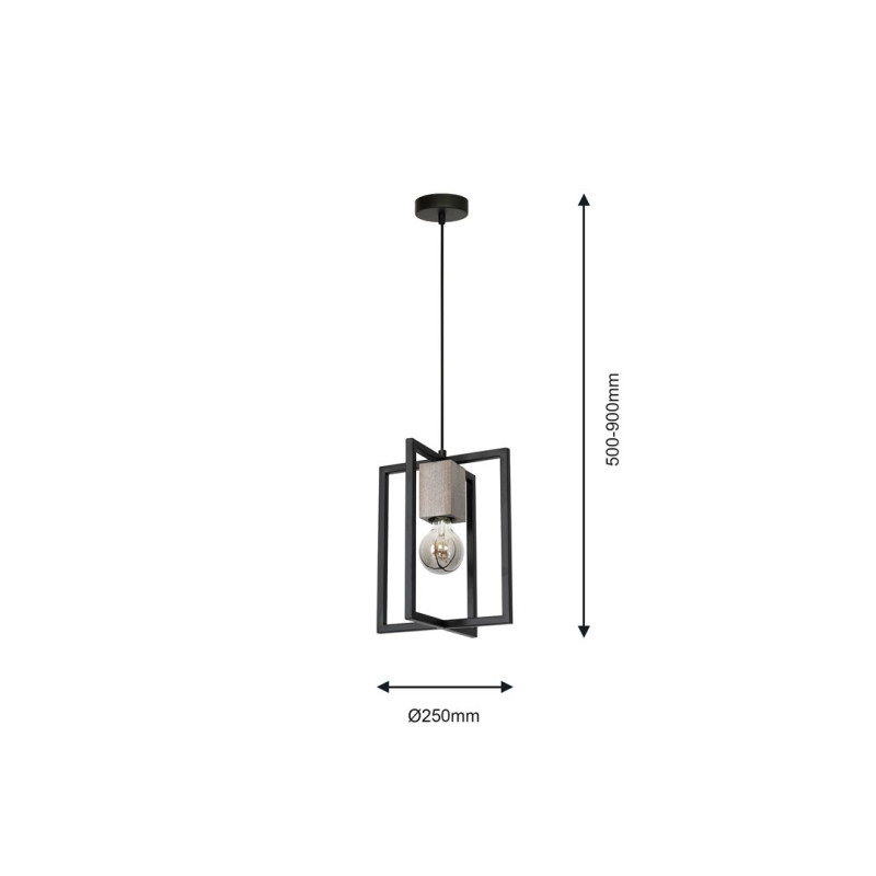 Suspension RALPH structure rectangles croisés métal noir douille bois E27 Industriel 