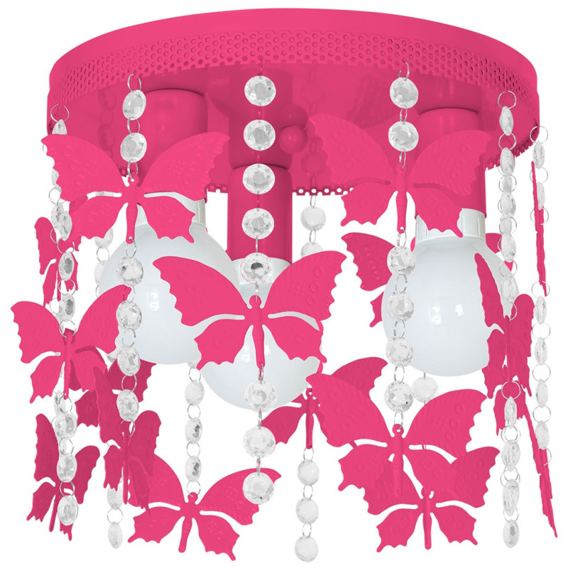 Plafonnier ANGELICA cascade de cristaux et papillons fushia suspendus E27 Enfant 