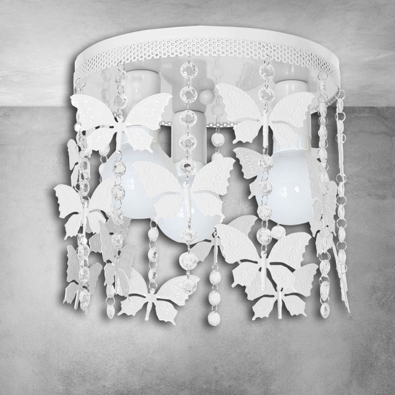 Plafonnier ANGELICA cascade de cristaux et papillons blanc suspendus E27 Enfant 