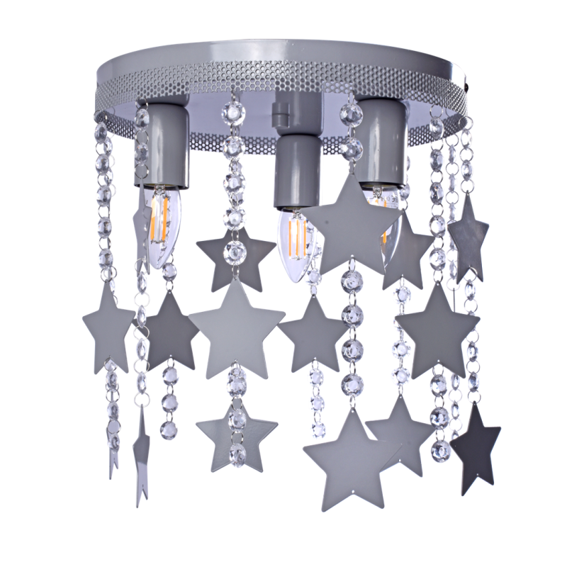 Plafonnier STAR cascade de cristaux et étoiles gris suspendus E27 Enfant 