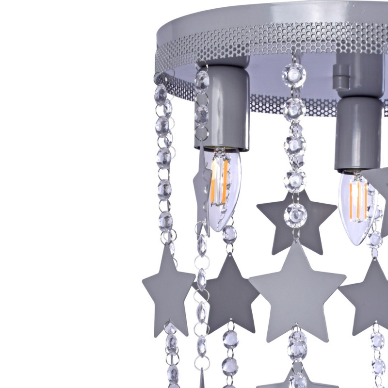 Plafonnier STAR cascade de cristaux et étoiles gris suspendus E27 Enfant 