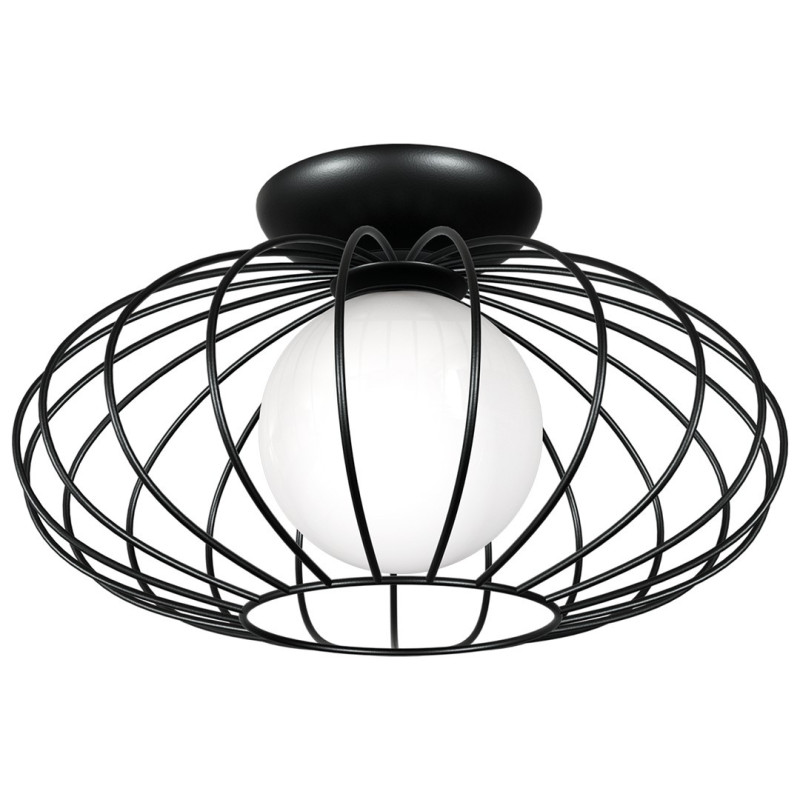 Plafonnier KRONOS cage ovale métal noir 36cm et boule verre blanc E14 Industriel 