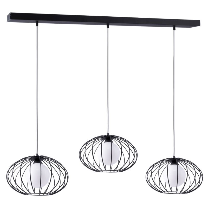 Suspension KRONOS 3 cages ovale métal noir et boule verre blanc E14 Industriel 