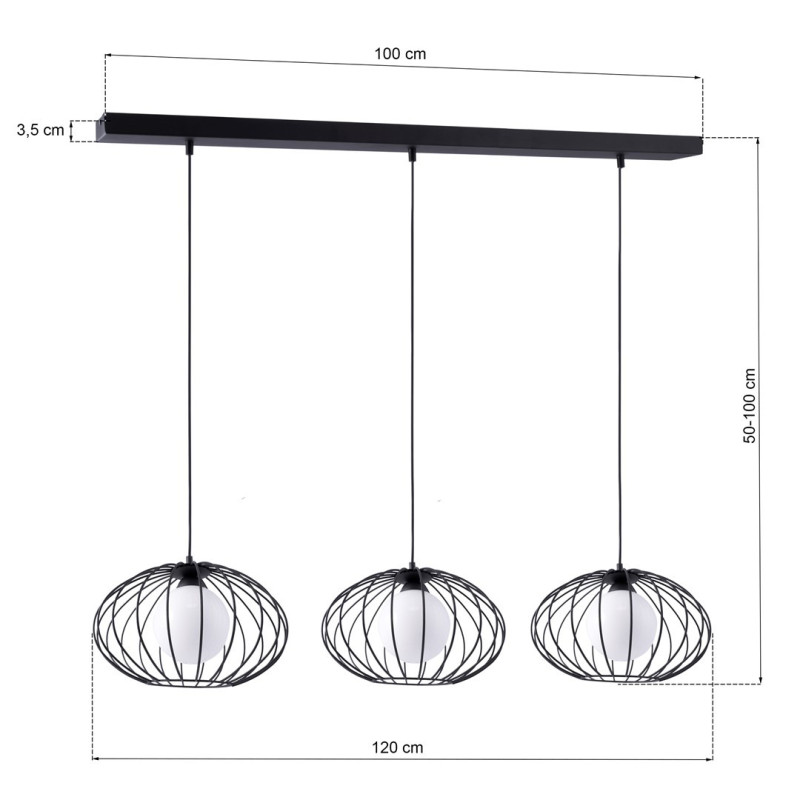 Suspension KRONOS 3 cages ovale métal noir et boule verre blanc E14 Industriel 