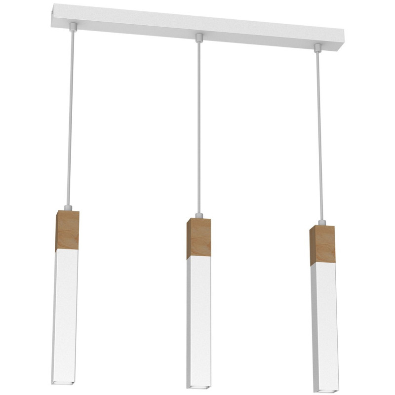 Suspension SOLO 3 tubes rectangulaires métal blanc et bois mini GU10 Industriel 