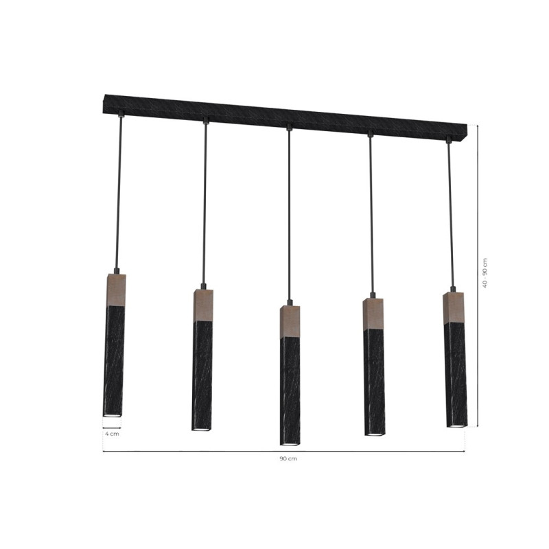 Suspension SOLO 5 tubes rectangulaires métal noir et bois mini GU10 Industriel 