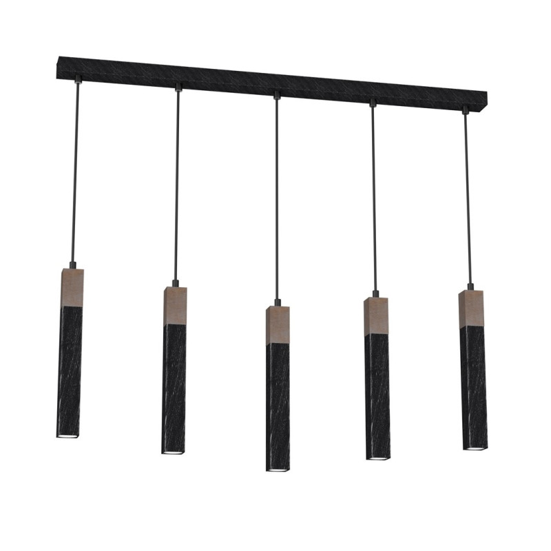 Suspension SOLO 5 tubes rectangulaires métal noir et bois mini GU10 Industriel 