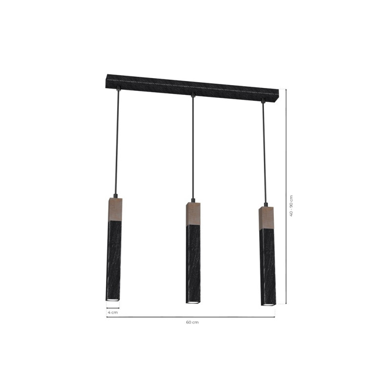 Suspension SOLO 3 tubes rectangulaires métal noir et bois mini GU10 Industriel 