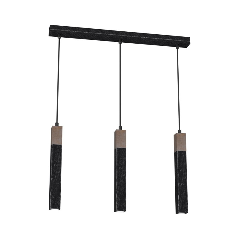 Suspension SOLO 3 tubes rectangulaires métal noir et bois mini GU10 Industriel 