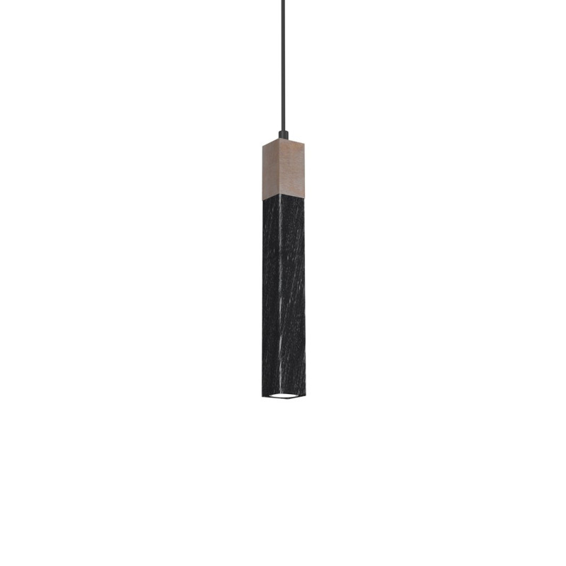 Suspension SOLO tube rectangulaire métal noir et bois mini GU10 Industriel 