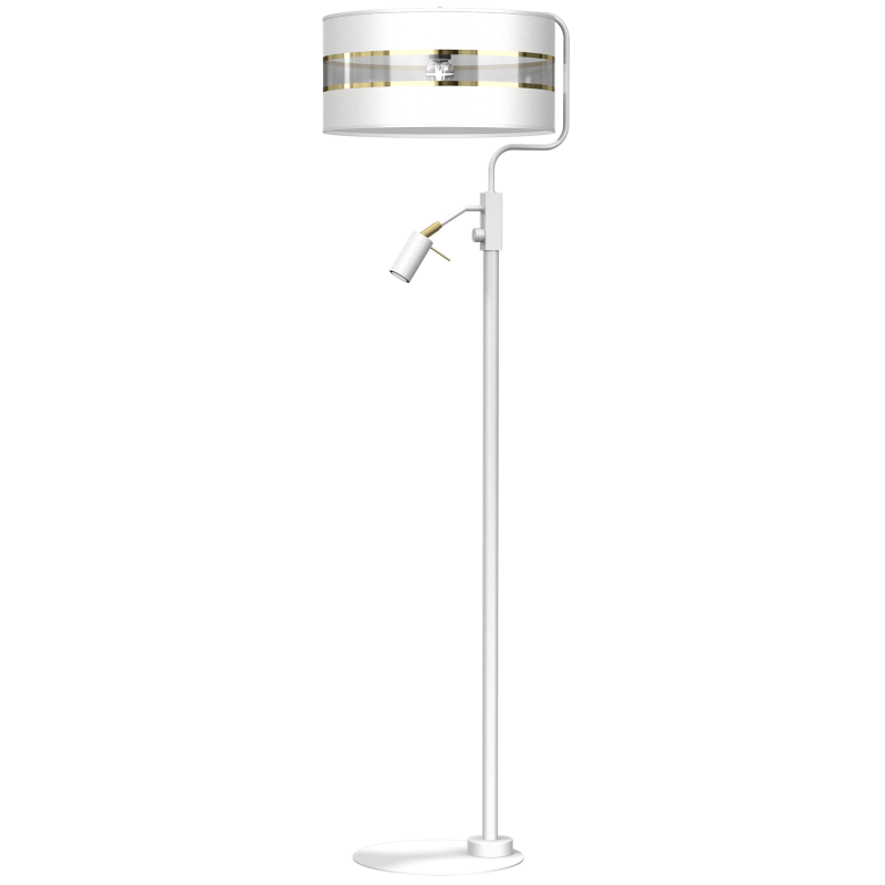 Lampadaire ULTIMO abat-jour tissu blanc bande doré E27 + liseuse mini GU10 Design chic 