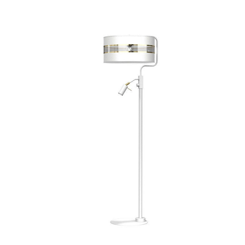 Lampadaire ULTIMO abat-jour tissu blanc bande doré E27 + liseuse mini GU10 Design chic 