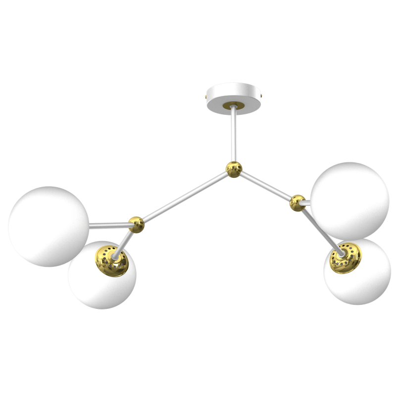 Plafonnier JOY 3 branches atome métal blanc doré boules verre blanc E14 Design chic 