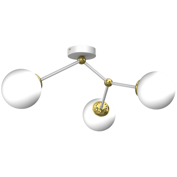 Plafonnier JOY 4 branches atome métal blanc doré boules verre blanc E14 Design chic 