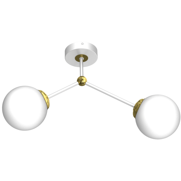 Plafonnier JOY 2 branches atome métal blanc doré boules verre blanc E14 Design chic 