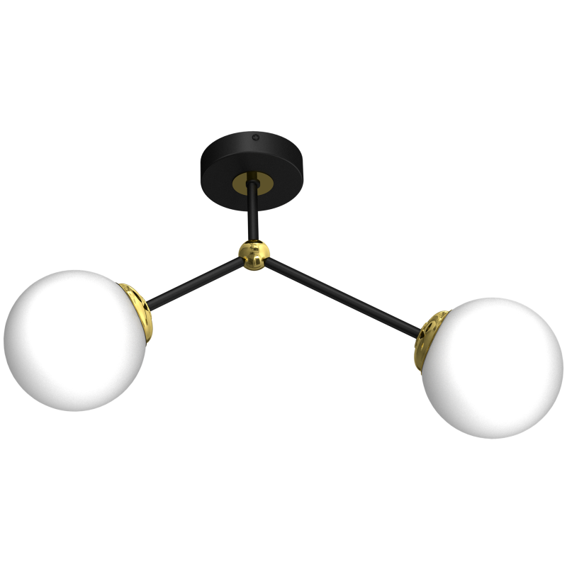 Plafonnier JOY 2 branches atome métal noir doré boules verre blanc E14 Design chic 
